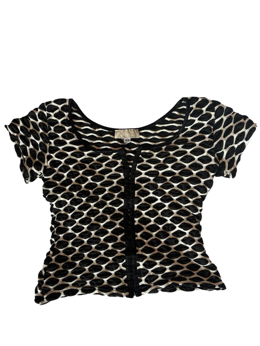Vintage Black and White Mesh Geometric Short-Sleeve Top